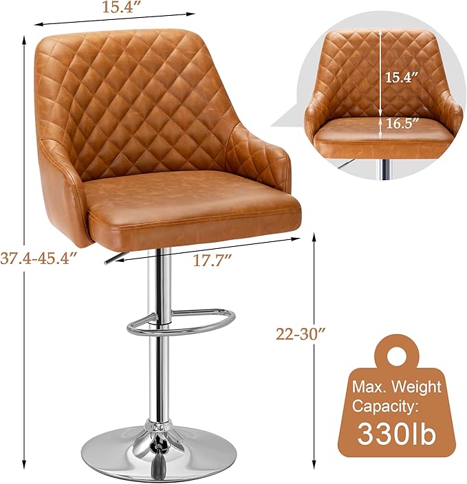 VECELO Bar Stools Set of 2, Modern PU Leather Adjustable Bar Stools with Back, 360° Swivel Bar Height Stools for Kitchen Counter Island, X-Large Size