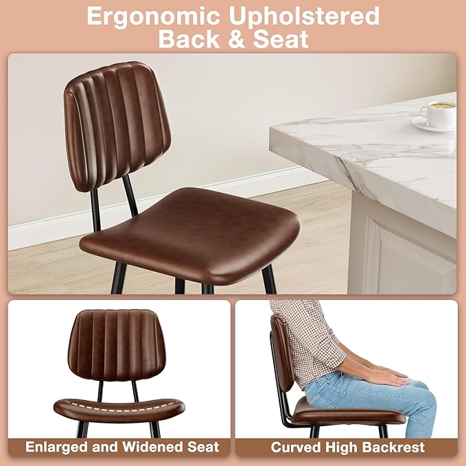 24-Inch Leather Bar Stools Set of 2, Counter Height Barstools with High Backrest，Bar Chairs for Kitchen Island with Heavy Duty Metal Legs, Dark Brown