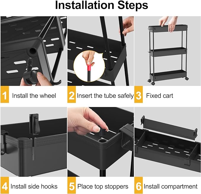 SPACELEAD Slim Storage Cart 4 Tier,Bathroom Organizer Rolling Utility,Mobile Shelving Unit Slide Out for Office, Kitchen, Laundry Room & Narrow Places,Black