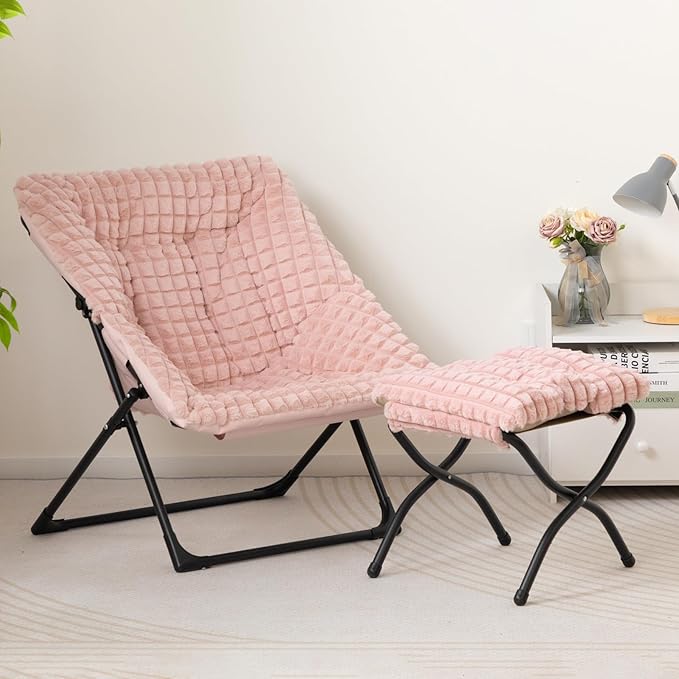 HollyHOME X-Large Saucer Chair with Foldable Ottoman, Comfy Oversized Folding Chair and Folding Footrest Stool Set, Faux-Fur Reading Chair and Footstool for Living Room, Bedroom, Pink Chair&Stool