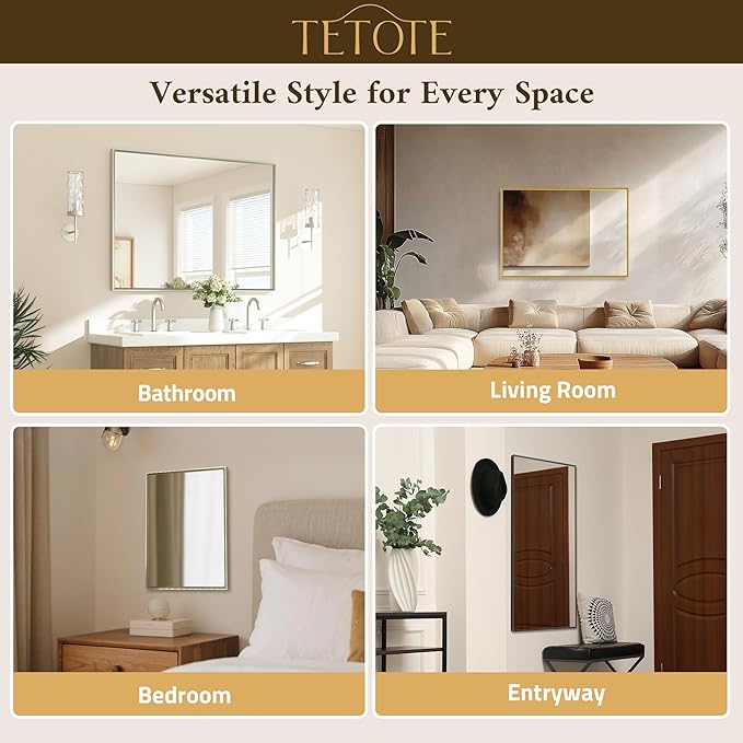TETOTE Brushed Nickel Bathroom Vanity Mirror 55" x 30" Beveled Framed Bathroom Wall Mirror for Over Sink Brushed Nickel, Tempered Glass, Modern Farmhouse Bedroom, Entryway, Living Room