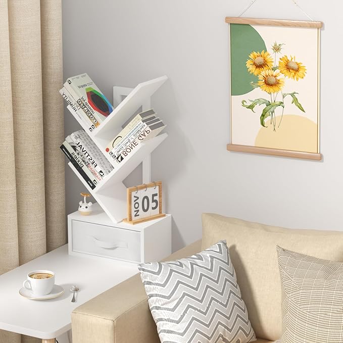 Small Bookshelf with Drawer,4 Tier Tree Book Shelf,Wood Desk Bookshelves,Modern Free Standing Desktop Display Shelves,White Floor Standing Organizer Bookcase for Living Room,Bedroom,Office