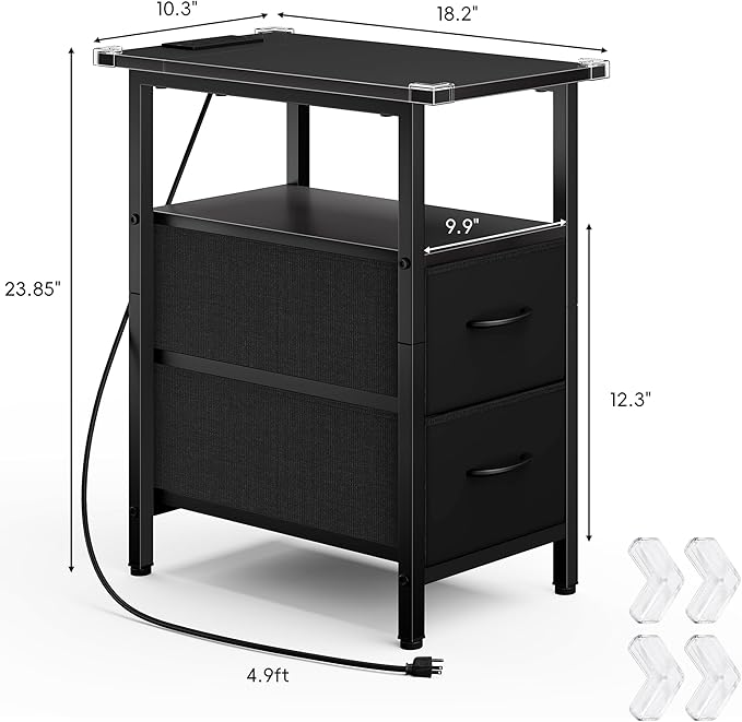 Vagusicc End Table with Charging Station Set of 2, Narrow Side Table, 23.8'' Tall Nightstand with 2 Drawers, Small Sofa Side Table Narrow Nightstand for Small Spaces, Living Room, Bedroom, Black