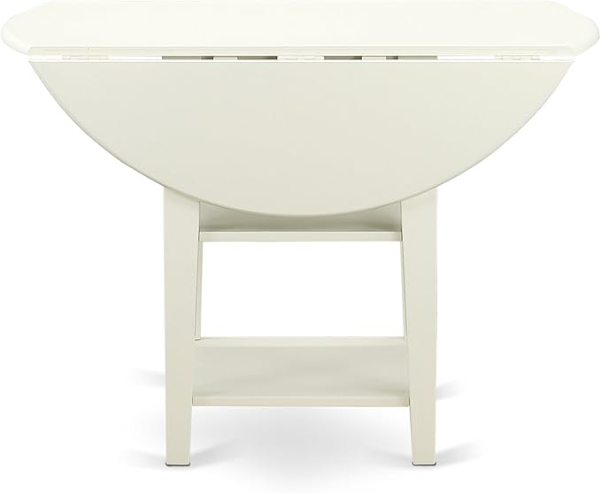 East West Furniture SUAD5-LWH-LC 5 Piece Dining Room Furniture Set Includes a Round Kitchen Table with Dropleaf & Shelves and 4 Faux Leather Upholstered Chairs, 42x42 Inch, Linen White
