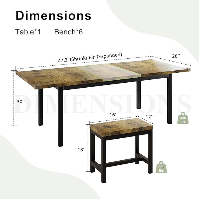 Feonase 7-Piece Dining Table Set with 6 Stools, 63 Inch Extendable Kitchen Table for 4-8, Kitchen Room Set with MDF Board & Metal Frame, Farmhouse Table, Space-Saving, Rustic Brown