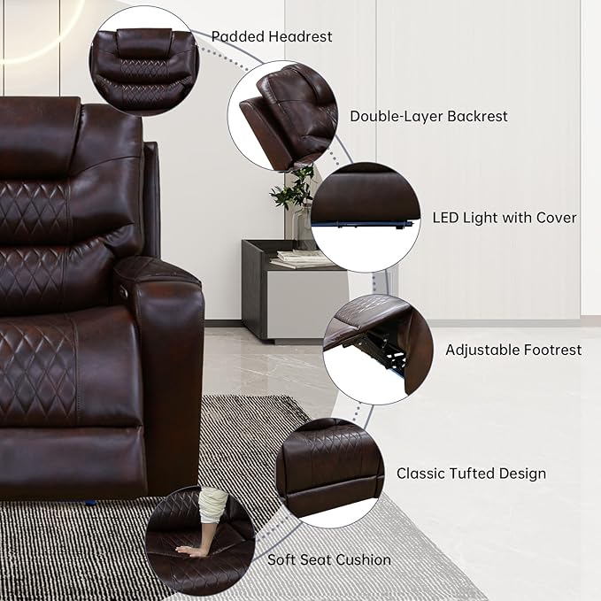 PU Leather Power Wall Hugger Chair Double Reclining Sectional Sofa 3-Seater Loveseat Couch with Reversible Coffee Table, Wireless Chargers, USB Port and Ambient LED Light for Living Room RV Theater