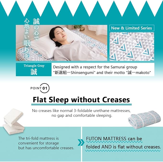 EMOOR Japanese Padded Futon Mattress Machi Queen Triangle-Gray (Shinsengumi Makoto), Gusset Foldable Storable Elastic Bands Floor Sleeping Guest Bed Tatami Mat