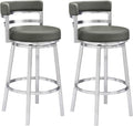 Armen Living Madrid 30" Bar Height Swivel Modern Grey Faux Leather and Brushed Stainless Steel Bar Stool for Kitchen Island Counter, Set of 2
