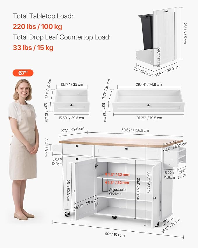 VEVOR Kitchen Island Cart with Storage, 60in Wide Mobile Kitchen Cart with Wheels, Drop Leaf, 2 Drawers, Trash Can Cabinet, Knife Holder, Spice Rack, and Towel Rack, Table for Dining Room, Pantry