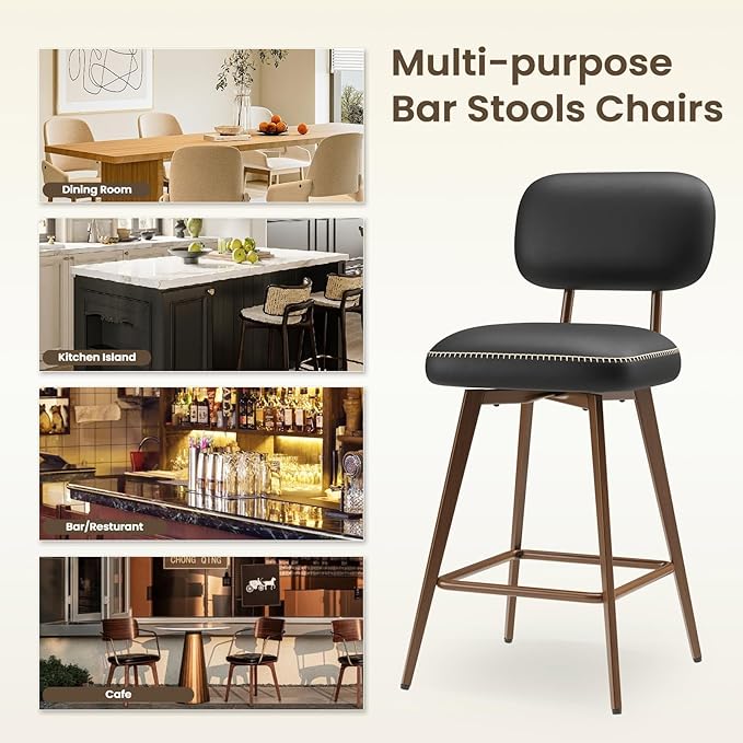 Swivel Bar Stools Set of 4, Mid Century PU Leather Counter Height Bar Chairs with Low Back and Metal Legs, Modern Bar Stool Chair for Kitchen Island, Black