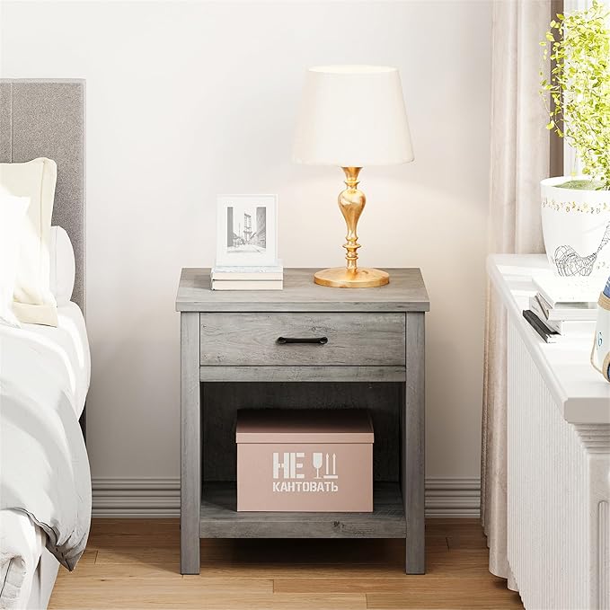 IDEALHOUSE Farmhouse Nightstand Set of 2 with Drawer, Grey Night Stand End Tables Living Room with Storage Shelf, Wooden Bedside Tables for Bedroom Nursery Office (2 Pack)