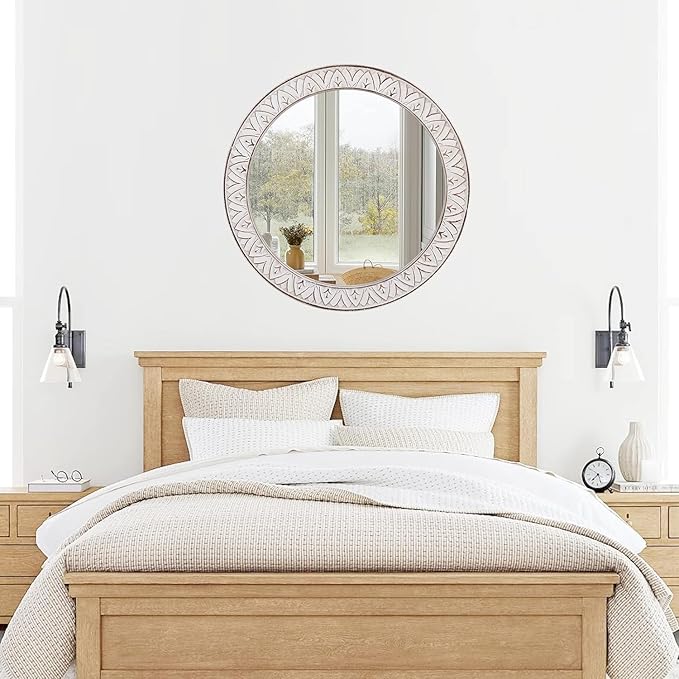 30" Round Wall Mirror, Farmhouse Wooden Frame Circle Mirrors, Rustic Large Decorative Wall Mounted Bathroom Mirror Distressed Hanging Mirrors for Living Room, Bedroom, Entryway, Fireplace, Hall