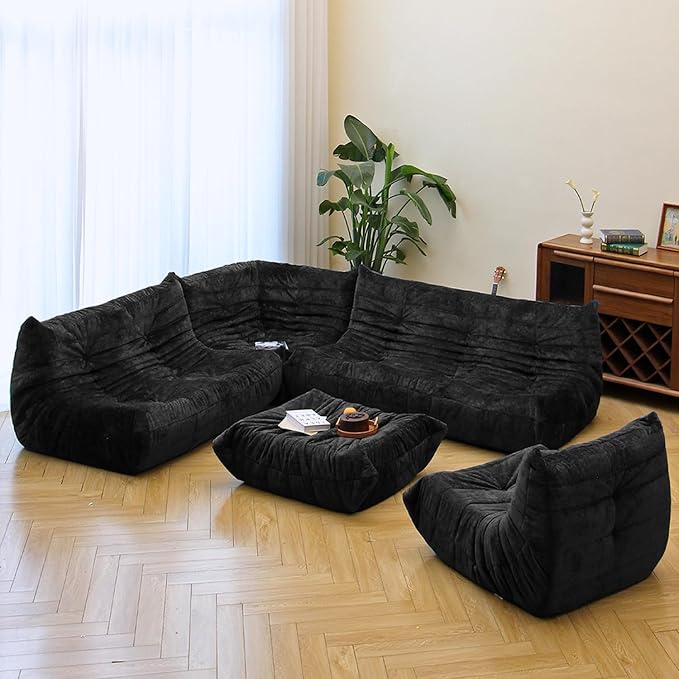N&V Fireside Chair, Mid Century Armless Floor Sofa, Soft Premium Chenille Floor Lounge Chair, Foam Sofa Accent Chair for Living Room Bedroom and Office (Black, Three Seater)