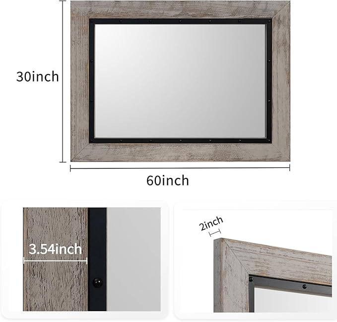 YOSHOOT Rustic Wooden Framed Wall Mirror, Natural Wood and Iron Bathroom Vanity Mirror for Farmhouse Decor, Vertical or Horizontal Hanging, 60" x 30", Grey