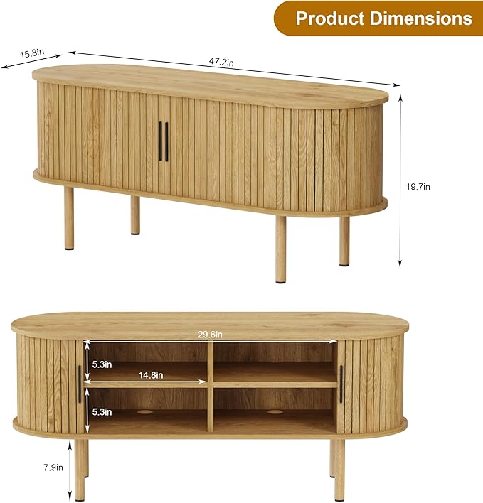 GarveeHome 47.2" TV Stand, Modern TV Console Table with Storage Compartment and Sliding Door, Gaming Entertainment Center with Cabinet for Living Room, Bedroom, Office, Oak