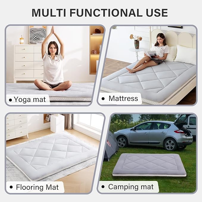 Welnow Japanese Futon Floor Mattress, Thick Queen Size Tatami Mat Portable & Foldable Roll Up Floor Bed Mattress with Storage Bag, Sleeping Pad for Adults, Dorm, Guest Bed, Camping and Travel, Grey