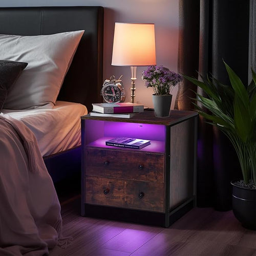 27 Inch Wide Night Stand, Large Wood Night Stand with 2 Drawers, LED Nightstand with Charging Station and Adjustable Drawer, Bedside Table for Living Room/Bedroom/Study/Office, Retro.
