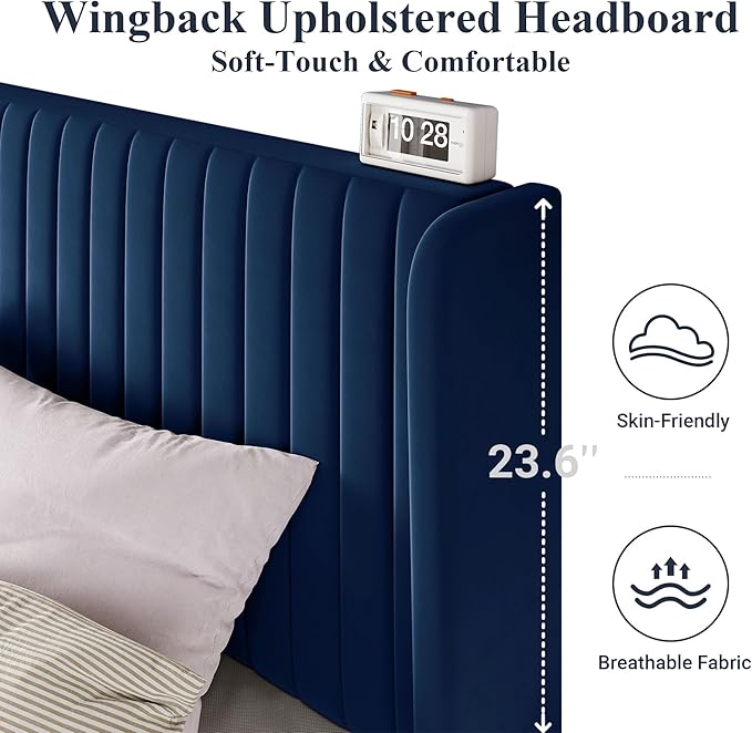 Allewie Full Size Velvet Bed Frame/Vertical Channel Tufted Wingback Headboard/Upholstered Platform Bed/Strong Wooden Slats/No Box Spring Needed/Easy Assembly/Blue