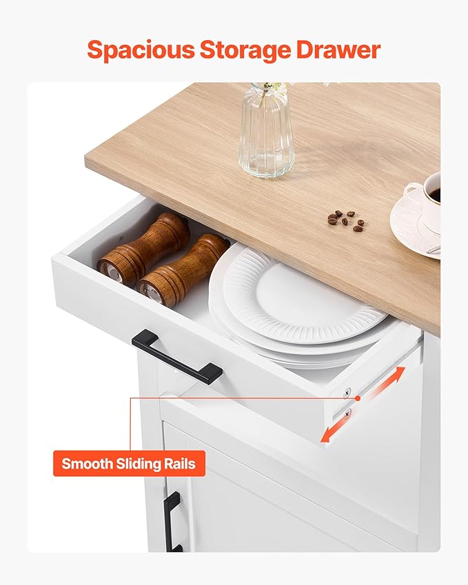 VEVOR Kitchen Island Cart with Single Door Cabinet, Mobile Carts with Drawer, Towel Rack, Hooks, Portable Table on Swivel Wheels, Small Coffee Islands Microwave Stand for Dining Room, 18x23 in, White