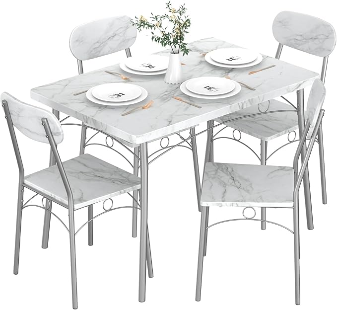 VECELO 5-Piece Dining Table Set for 4, Kitchen Rectangular Dinette with Wooden Chairs for Small Space, Apartment, Breakfast Nook, White