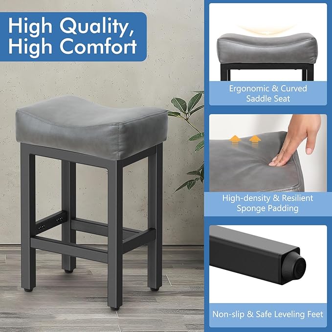 Counter Height Bar Stools Set of 2, 24 Inch Barstools for Kitchen Island Counter, Bonded Leather Kitchen Stools with Thick Saddle Seats & Heavy Duty Metal Base, Easy Assembly, Gray/Black