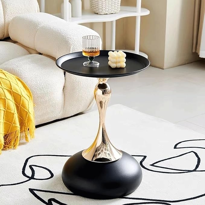 Modern Round Side Table with Gold Pedestal Base, Black Metal Top, Accent End Table for Living Room (Black)