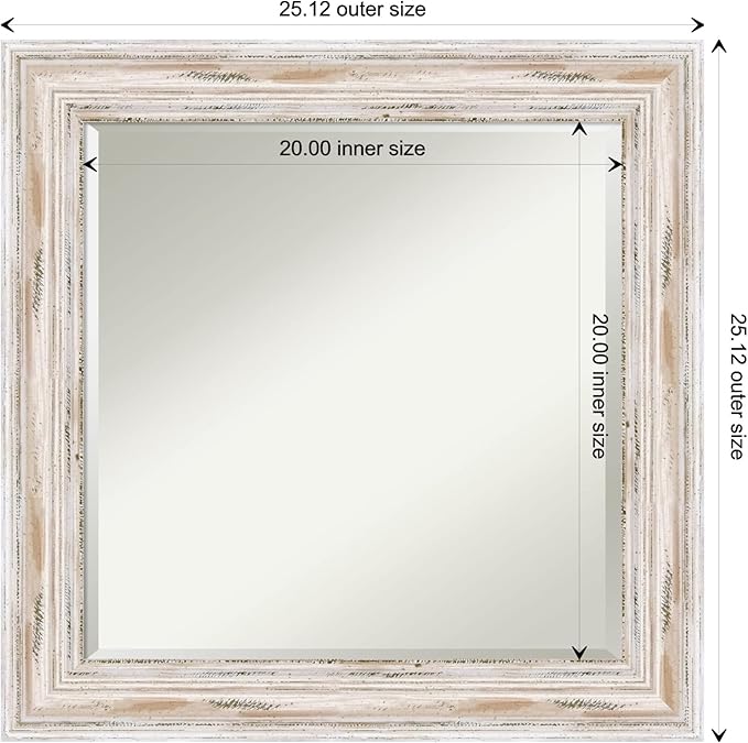 Amanti Art White Bathroom Mirror for Over Sink, 25x25 Alexandria White Wash Square Vanity Mirror, Medium Coastal Wood Frame, Hangs Horizonally and Vertically, Bathroom Wall Decor, Beveled Edge from WI