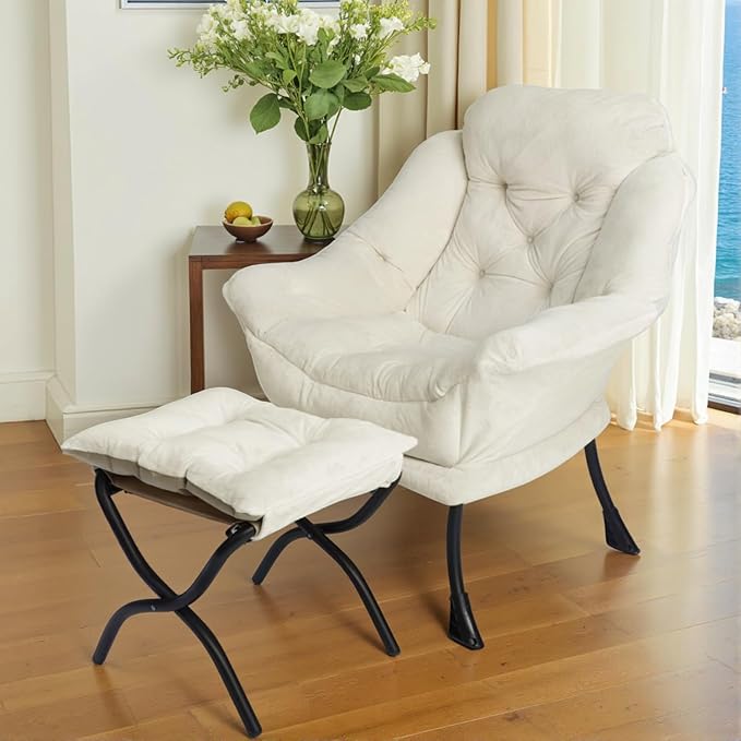 Lazy Chair with Folding Ottoman,Living Room Chairs, Accent Contemporary Lounge Chair, Single Steel Frame Leisure Sofa Chair with Armrests and A Side Pocket (Beige-1130)