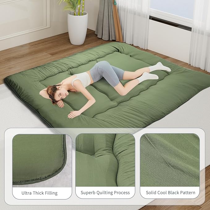 Japanese Floor Mattress,Roll Up Memory Foam Tatami Mat Easy to Store and Portable,Futon Mattress Suitable for Camping and Guest Room (Green, Queen (80" X 60"))