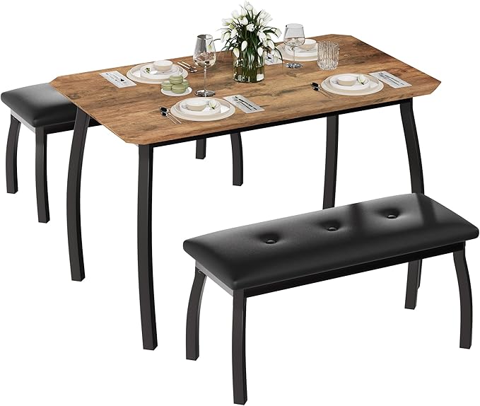 3 Piece Farmhouse Dining Table Set for 4, Compact Rustic Kitchen Table with 2 Padded Benches, Space Saving Breakfast Nook Furniture Set for Small Spaces, Apartments, Vintage