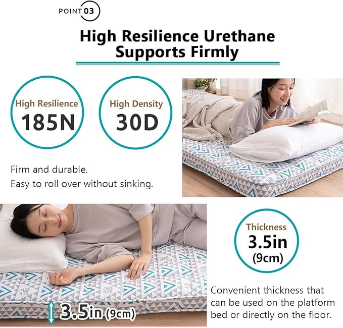 EMOOR Japanese Padded Futon Mattress Machi Full Triangle-Gray (Shinsengumi Makoto), Gusset Foldable Storable Elastic Bands Floor Sleeping Guest Bed Tatami Mat