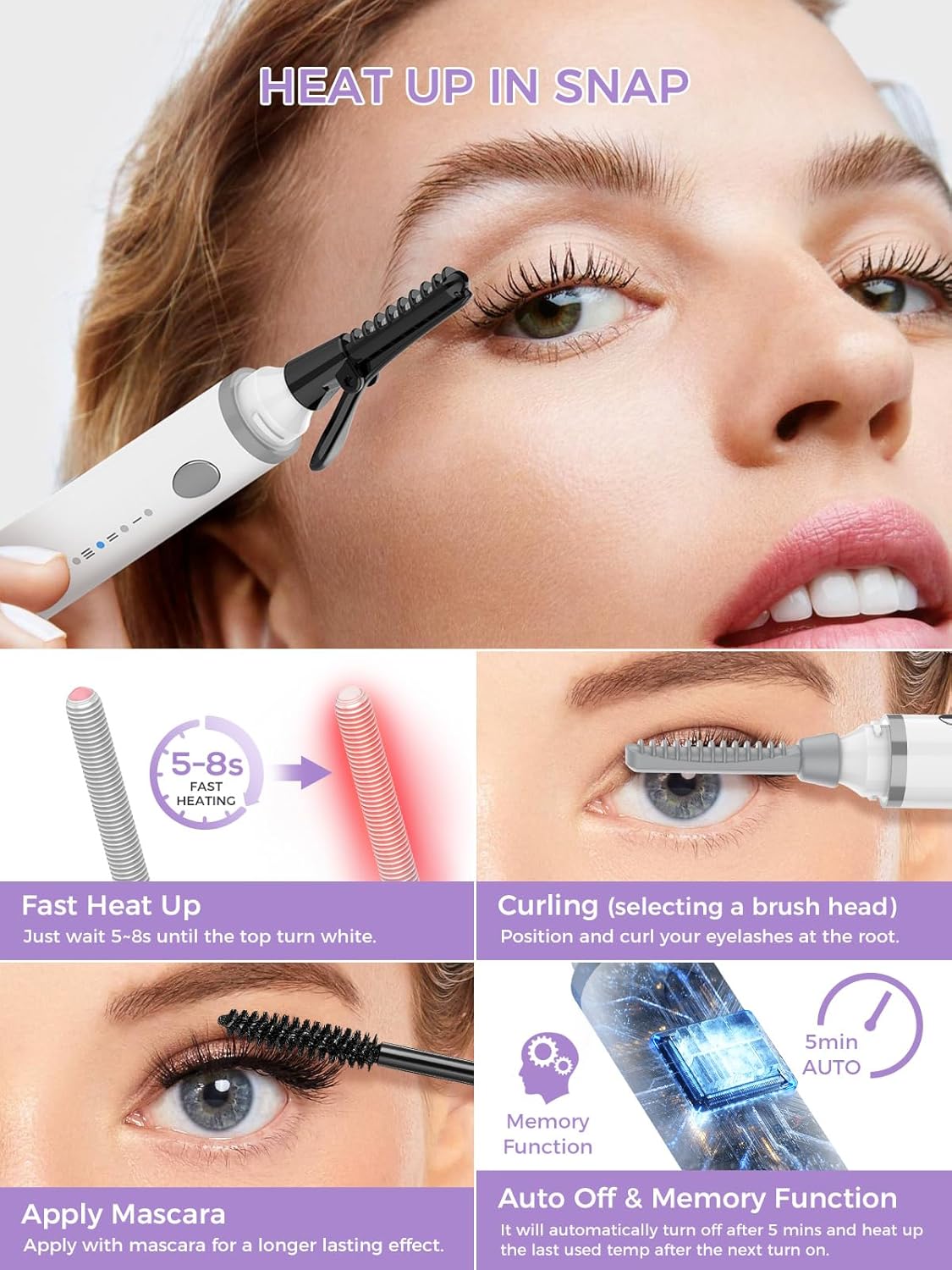 Smiling Shark Heated Eyelash Curler, 2025 New 360°Wand-Style Heated Lash Brush Rechargeable with 3 Brush Heads & 3 Temp 【Lengthen/Define/Curler】 3-in-1 Lash Curler for All Types of Lashes, White