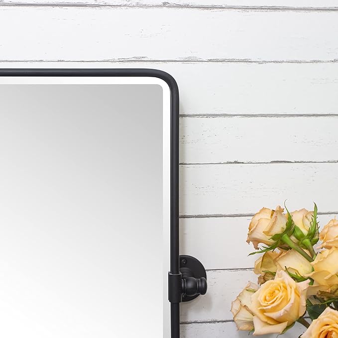 TEHOME 24x38 Horizontal Pivot Bathroom Mirror Tilting Black Metal Framed Pivot Rectangle Bathroom Mirror Rounded Rectangluar Tilting Beveled Vanity Mirrors for Wall