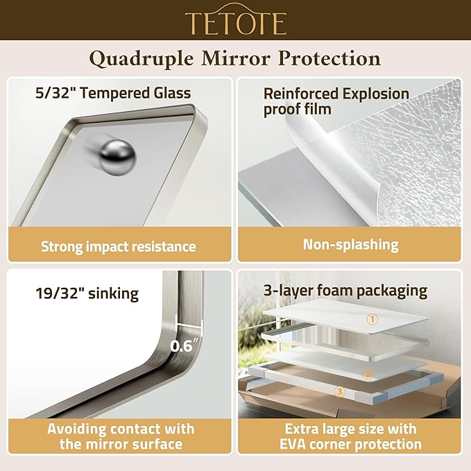 TETOTE Brushed Nickel Mirror 16 x 20 Brushed Nickel Metal Framed Bathroom Mirror, Tempered Glass, Modern Farmhouse Wall Mounted Mirror for Decorative(Horizontal/Vertical)