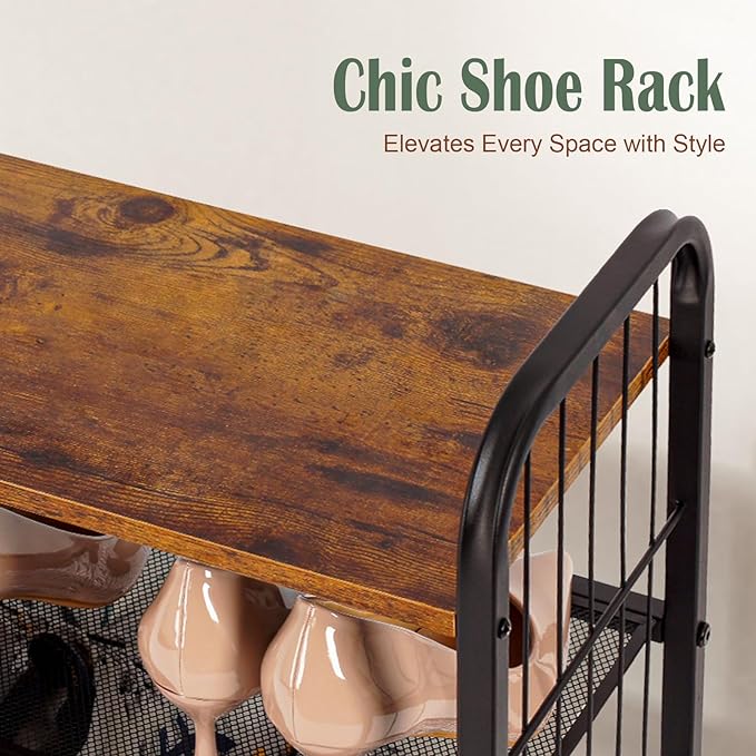 Shoe Rack, 4-Tier Shoe Organizer with Guardrails, Heavy-Duty Metal Mesh Shelves & Rustic Wooden Top for Stylish Closet & Front Door Storage