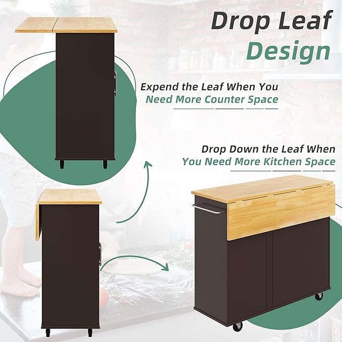 Shintenchi Rolling Kitchen Island Cart with Folding Drop Leaf Breakfast Bar, Portable Trolley Island with Large Storage Cabinet, Shelf and Drawer, Brown