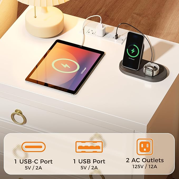 Huuger Paint Night Stand with Charger Station and USB-C Port, 3 Drawer Nightstands Set of 2, Larger Wider Bedside Table, Modern End Table, for Bedroom, White Nightstand