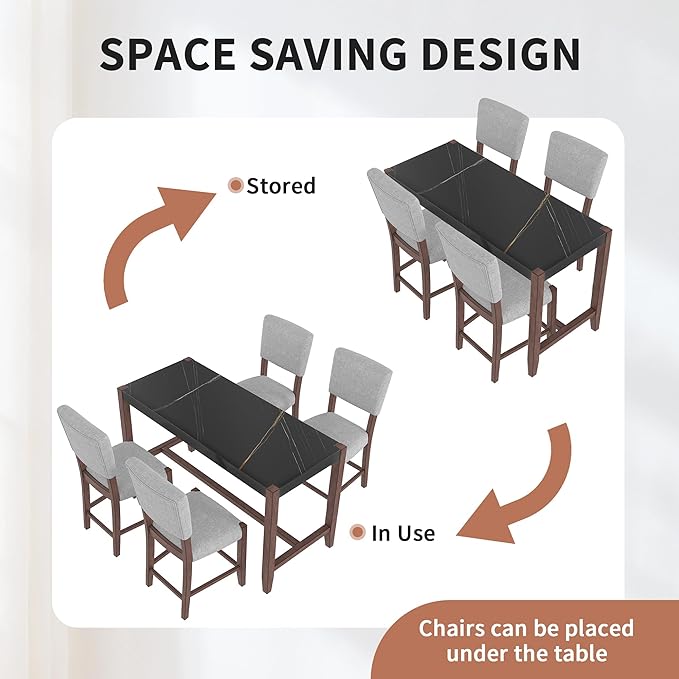 Ball & Cast 5-Piece Dining Table Set for 4,Kitchen Table Set W/Faux Marble Bar Table,Counter Height Living Room Furniture W/ 4 Upholstered Chairs,for Dining Room,Pub Kitchen,Small Place,Black+ Gray
