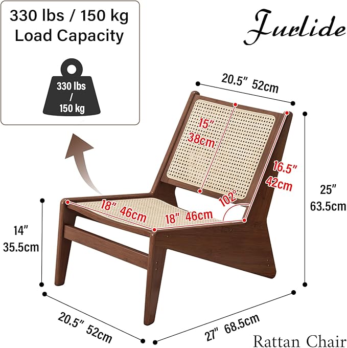 Rattan Chair 2Pcs, Mid-Century Accent Chair, Rattan Lounge Chair for Living Room, Boho Side Corner Comfy Chair for Bedroom and Balcony, Walnut