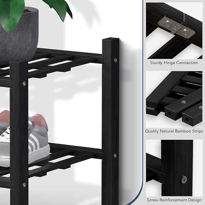 Haddockway 2 Tier Bamboo Shoe Rack Storage Organizer, Multifunctional Free Standing Stackable Shoe Shelf with Grid Panel for Closet,Hallway,Entryway,Small Space 27"x11"x13" (Black, 2 Tier)