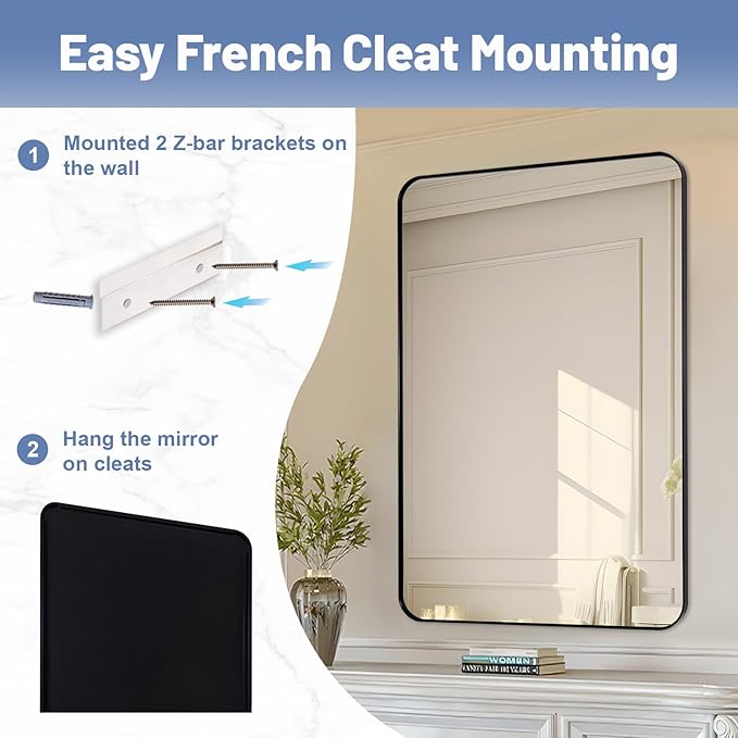 Black Mirrors for Bathroom, 24"x40" Rounded Corner Rectangle Mirror, Modern Metal Frame Bathroom Vanity Mirror for Home Decor Living Room Entryway (Horizontal/Vertical)