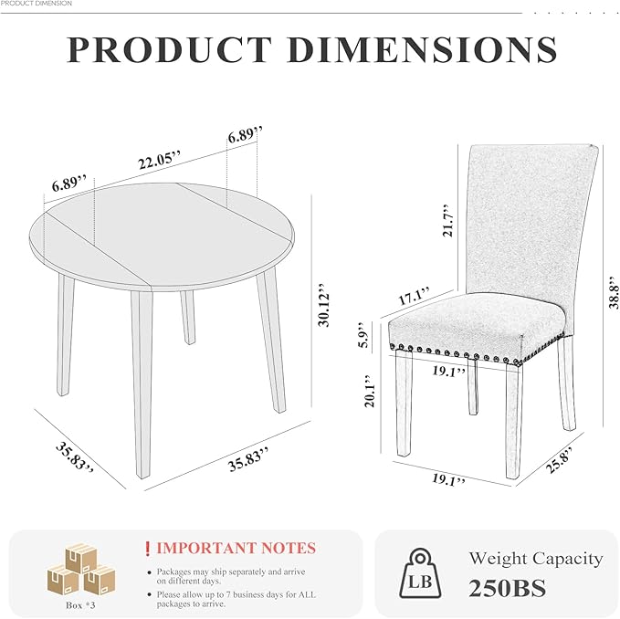 COLAMY 5-Piece Extendable Dining Table Set for 4, 36" Kitchen Round Wood Table with 4 Nailhead Dining Room Chairs,Light Brown/White&Grey Flower