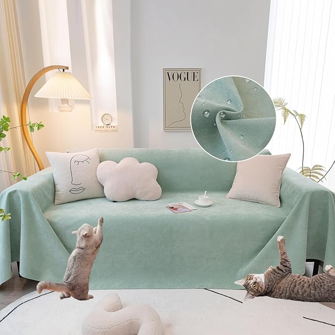 STACYPIK 100% Waterproof Sea Green Sofa Covers, Couch Cover for Sectional, Anti-Cat Scratch Furniture Protector, Washable Jacquard Sofa Cover for Dogs, Kids, Wear Resistant Sofa Slipcover-71X71IN