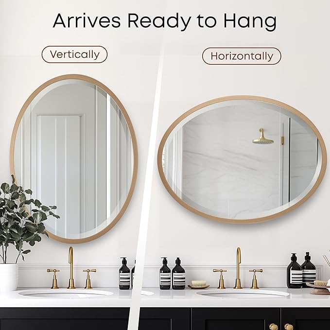OVALCREST - Oval Wooden Beveled Wall Mirror for Home Decor, Bathroom, Vanity, Bedroom, Living Room, Hallway - London Style (Gold Spray) 13.1 x 17.1