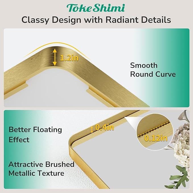 TokeShimi Brushed Gold Vanity Mirror 60x36,Bathroom Mirror Framed Aluminum,Tempered Glass,Rectangle Mirror for Bathroom,Shatterproof Bathroom Wall Mirror(Horizontal/Vertical)