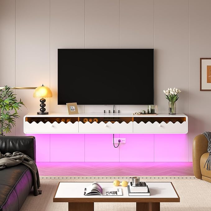 Floating TV Stand, 55IN Fully-Assembled Wall Mounted Wave Glass with Flip-Down Door & Drawers, Modern Media Entertainment Console Under TV Shelf for Livingroom