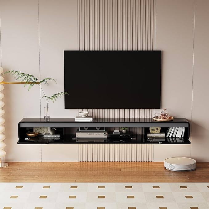 High Gloss Floating TV Stand with 3 Doors,55'' Wall Mounted TV Cabinet,Under TV Console,Floating Media Shelft for Bedroom Living Room(Black)