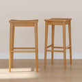 Plank+Beam Smythe Bar Stool, Set of 2, 30", Sturdy Wood Modern Kitchen Bar Height Stool, Saddle Seat Backless Bar Chair, Metal Footrest, Pecan