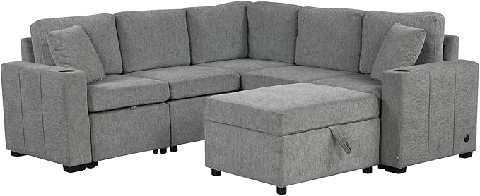 84.7" Symmetrical Convertible Sleeper Sectional Sofa Couch Bed for Living Room 4 Seater L Shaped Reversible Pull Out Sleeper Sofabed with Movable Ottoman ,2 Cup Holders ,USB Ports, Detachable Backrest