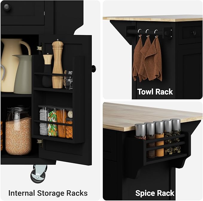 Rovibek Kitchen Island with Drawers 53 in Rolling Island Cart Mobile Solid Wood Portable Islands on Wheels with Storage Cabinet & Drawers, Black